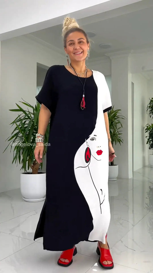 🔥🌷Summer Promotion 49% OFF - 👗Lovely Black White Abstract Face Print Loose Maxi Dress