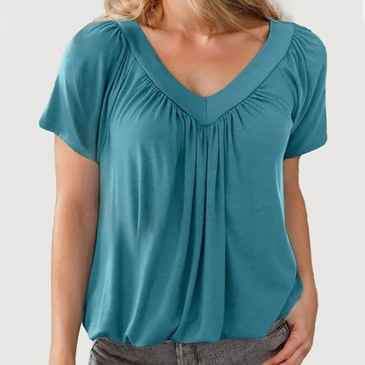 🎀Women's Casual Pleated V-Neck Short-Sleeve Top🥐 | Effortless Tuck Design | Wrinkle-Free Office Wear