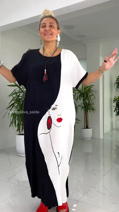 🔥🌷Summer Promotion 49% OFF - 👗Lovely Black White Abstract Face Print Loose Maxi Dress