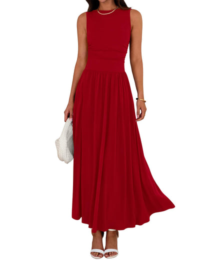 👑Hot Sale 49% OFF💃Women's Solid Color Sleeveless Waist Pleated Design Dress with Pockets