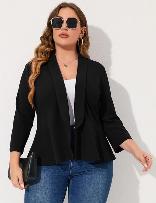 🔥🌷Last Day Promotion 49% OFF - Plus Size Black Ruffled Flare Long Sleeve Blazer Jacket