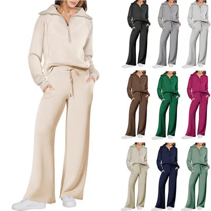 🍂 70% OFF! 💖 Women’s Chic 2-Piece Set — Half-Zip Sweatshirt & Wide-Leg Trousers