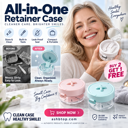 🔥Last Day Special Price £9.99!✨50K+ SOLD!🦷All-in-One Retainer Storage Case — Soaking Compartment, Built-in Mirror & Cleaning Tools