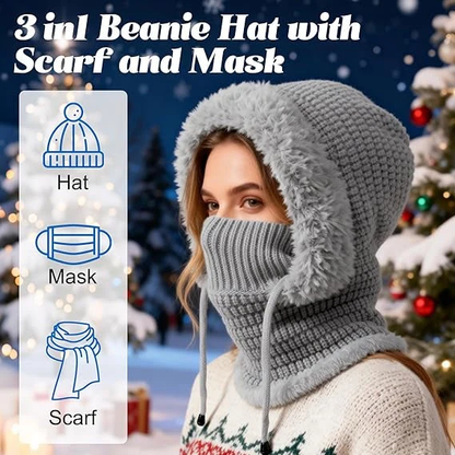 🎉This Week's Special Sales - ￡12.99✨Women 3-in-1 Knitted Balaclava Hat, Fleece Lined Warm Hood Beanie with Scarf & Face Mask, Pom Pom Winter Hat for Outdoor Skiing🧣