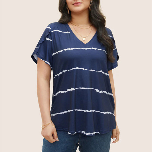 🔥🌷Last Day Promotion 49% OFF - 👕Plus Size Striped Short Sleeves V-Neck T-Shirt for Women