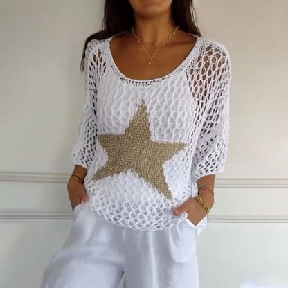 🔥Last Day Special Price £12.99!!💥-🌟Women's Fashion Round Neck Crochet Knit Fishnet Top