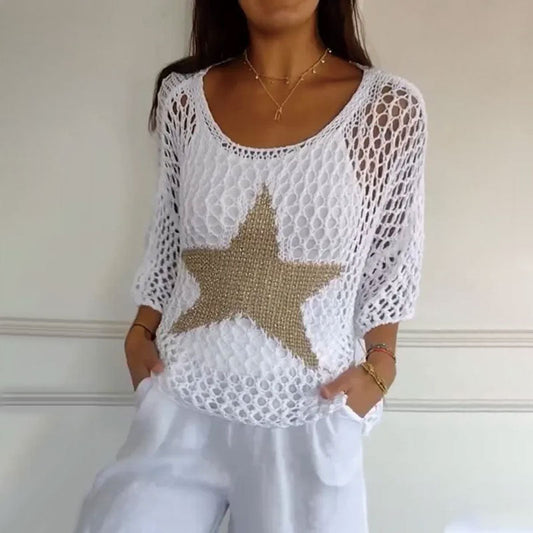 🔥Last Day Special Price £12.99!!💥-🌟Women's Fashion Round Neck Crochet Knit Fishnet Top