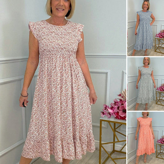 🔥💐SPRING DAY SALE  50% OFF💃Women's Elegant Floral Print High-Waisted Ruffle Cap Sleeve Dress