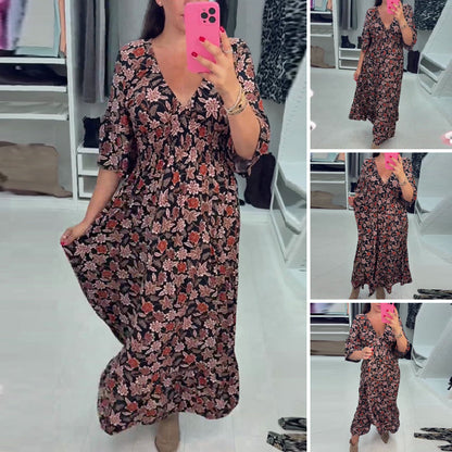 💃Time-limited Special £14.99!!💝V-neck Printed Maxi Dress With 3/4 Sleeves