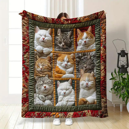 🎁LAST DAY SALE: £11.99!! 🐱💤 Cozy 9‑Panel Sleeping Cats Blanket – Ultra‑Soft Flannel, Reversible Design, Perfect for Sofa, Bed & Travel 🌙✨