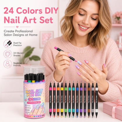 ⏳LAST DAY SALE ONLY ￡7.99!!💕🎁24 Shades Dual-Tip Nail Art Marker Kit, Quick-Dry Painting Pens For DIY Nail Designs💅