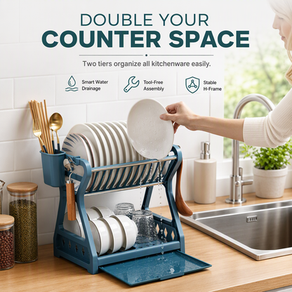 🔥LAST DAY SALE ONLY ￡14.99!!🍽️💦Multi-Layer Steel Dish Drying Rack – Vertical Storage, Drip Tray, Tool-Free Install ✨
