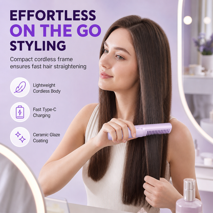 💜LAST DAY SPECIAL PRICE：￡10.99!!💜Portable Cordless Hair Straightener Brush and Curler 💇‍♀️✨2 in 1 Mini Rechargeable Hair Straightening Comb for Travel